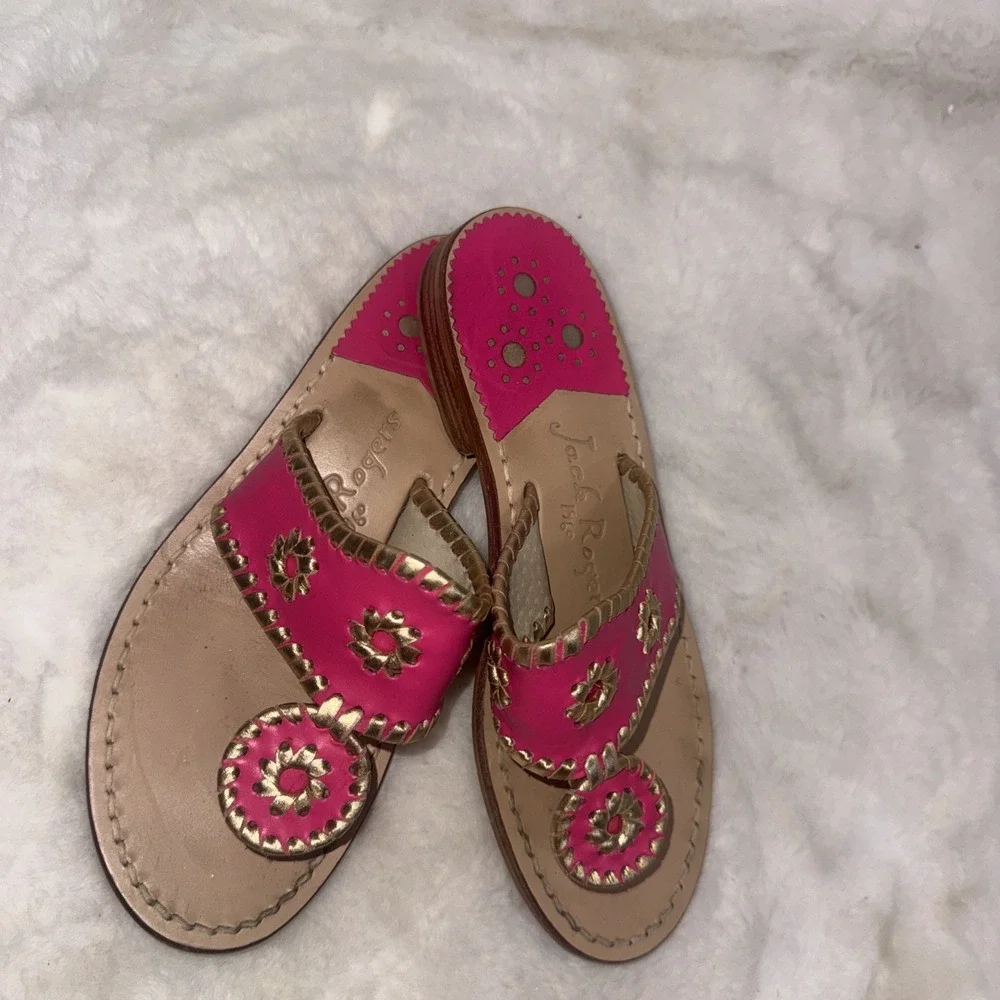 Jack Rogers Pink Gold‎ Leather Preppy Medallion Old Money Sandals Womens Size 5m